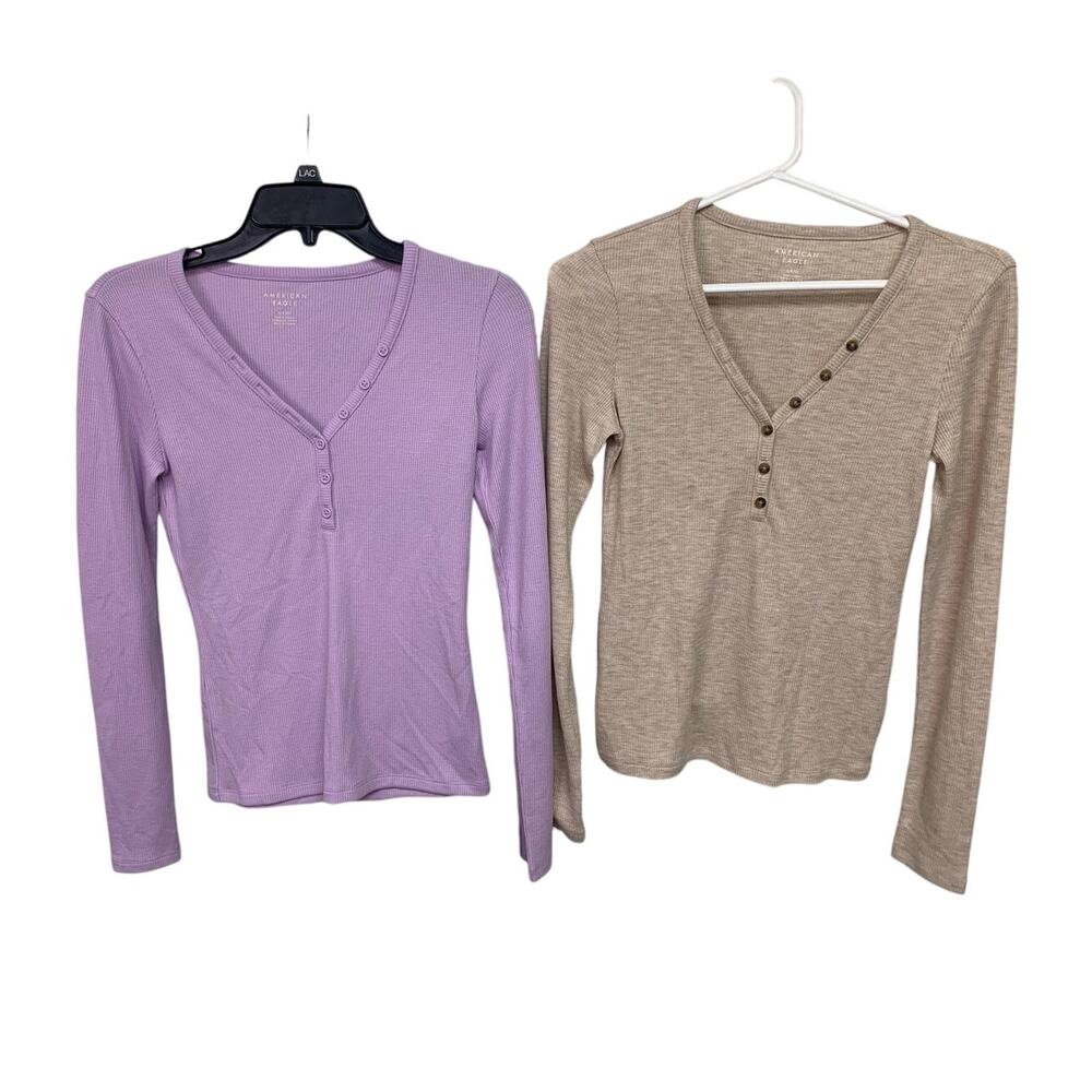 2 New American Eagle Womens Small Button Up Waffle VNeck Long Sleeve Lounge Tops